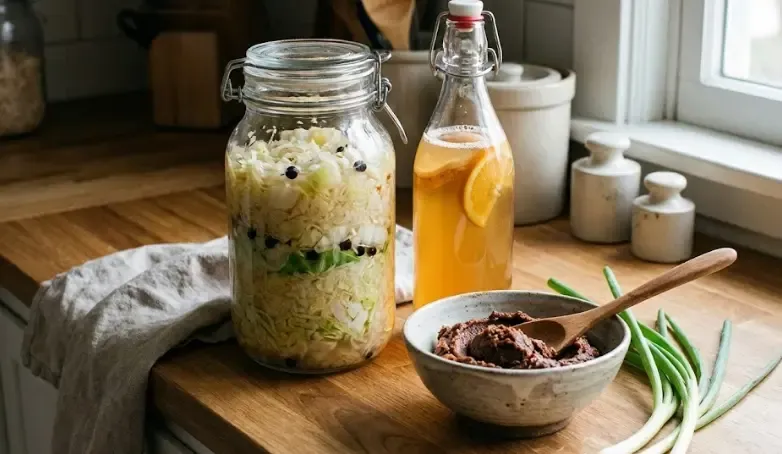 Bodegón de alimentos fermentados: tarro de chucrut, botella de kombucha y cuenco de miso