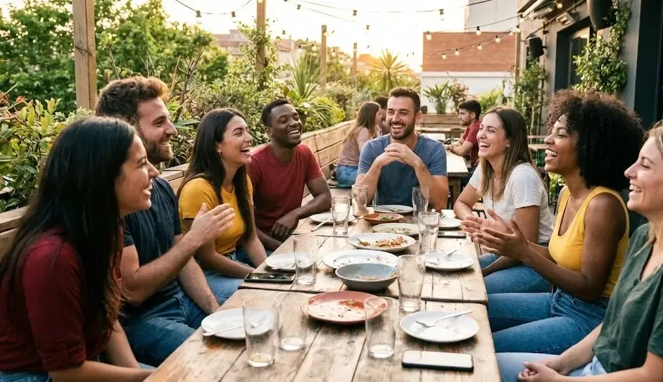 Grupo de amigos riendo y charlando en una terraza, representando la conexión social real