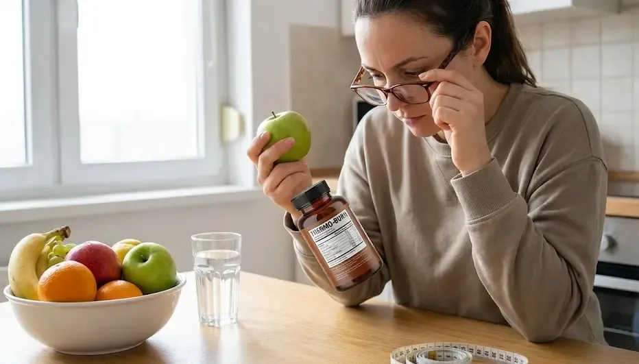 Persona comparando la etiqueta nutricional de un suplemento mientras sostiene una manzana verde, simbolizando la elección entre dieta y pastillas