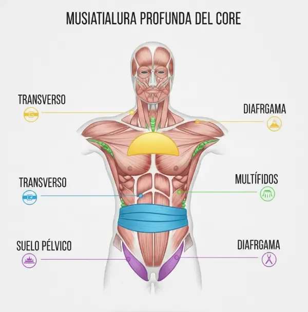 Gráfico visual mostrando la musculatura profunda del core: Transverso, suelo pélvico, multífidos y diafragma