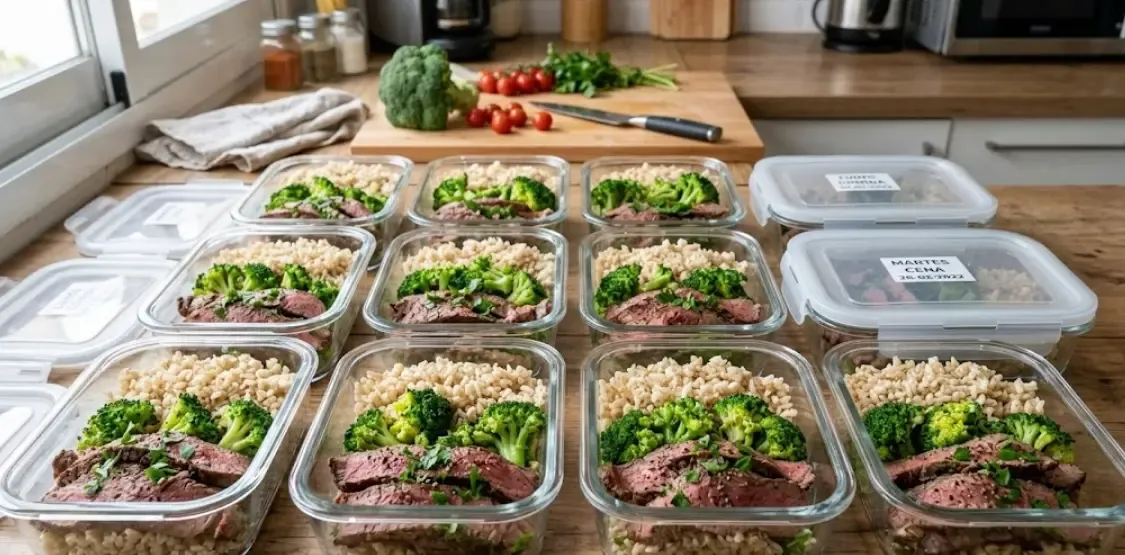 Recipientes de batch cooking organizados para la semana, con porciones de carne roja magra, brócoli al vapor y arroz integral