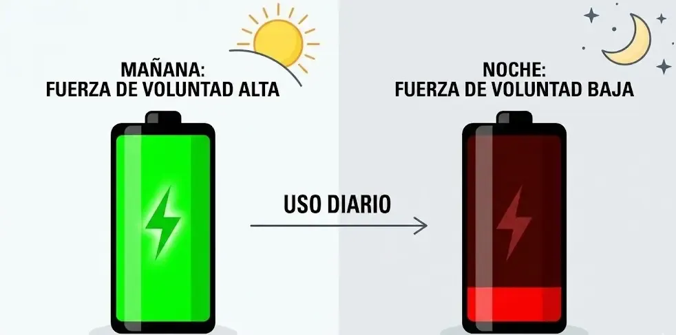 Gráfico sencillo mostrando una batería cargada por la mañana y vacía por la noche, ilustrando la fuerza de voluntad