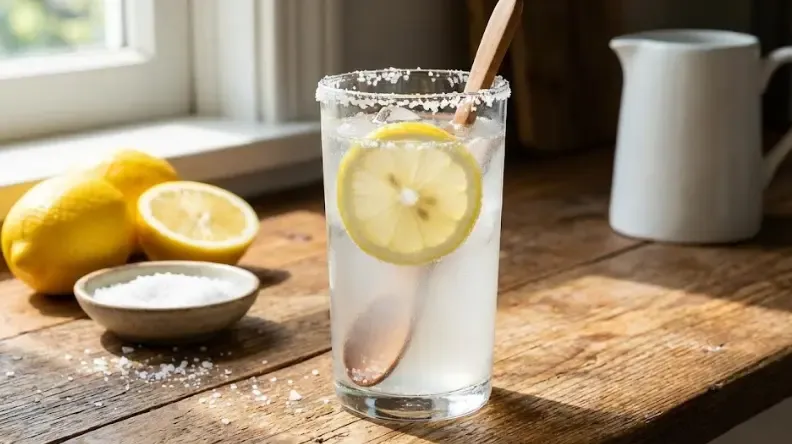 Vaso de agua con limón, sal y hielo preparado como bebida electrolítica casera