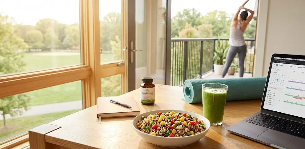 Ilustración de bienestar integral que representa nutrición saludable, ejercicio físico y equilibrio mental en Tu Hábito Sano