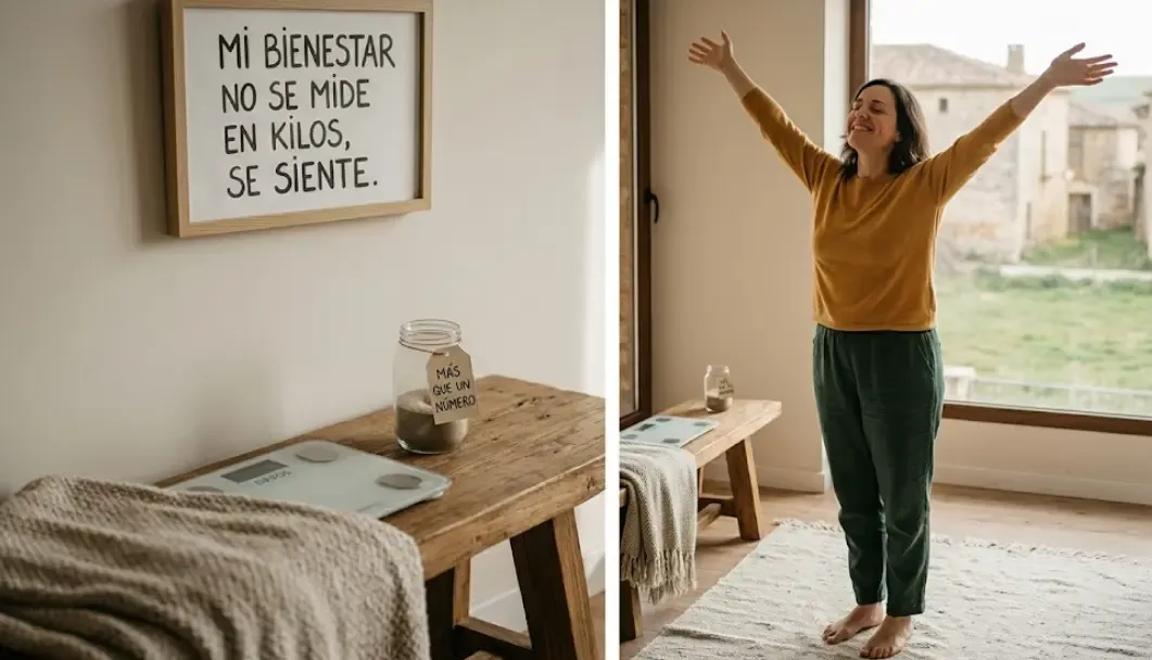 Persona en paz con su cuerpo reflejando bienestar real sin obsesionarse con la báscula