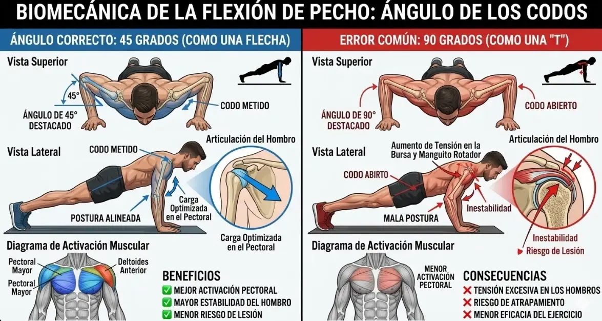 Gráfico biomecánico mostrando el ángulo correcto de los codos a 45 grados durante una flexión de pecho, en contraste con el error común de los 90 grados