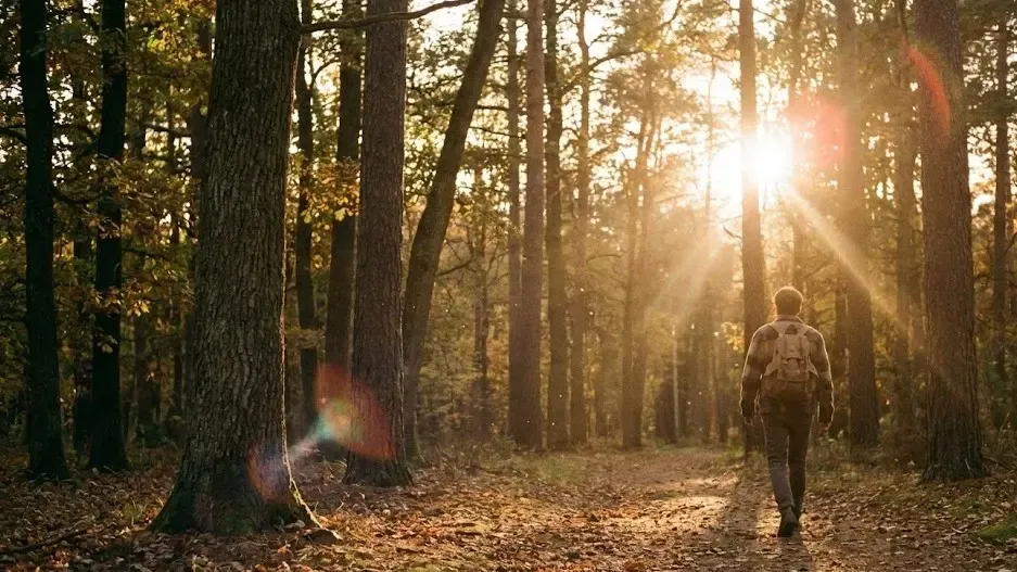 Persona caminando tranquilamente por un bosque o parque con luz de atardecer