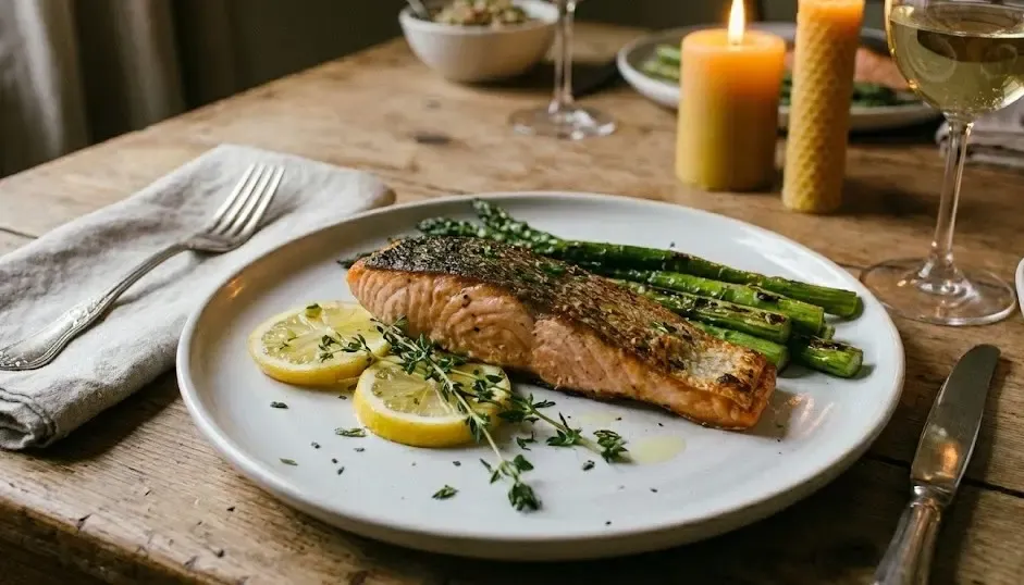 Plato de cena ligera con salmón a la plancha y espárragos verdes sobre una mesa bien puesta con luz tenue
