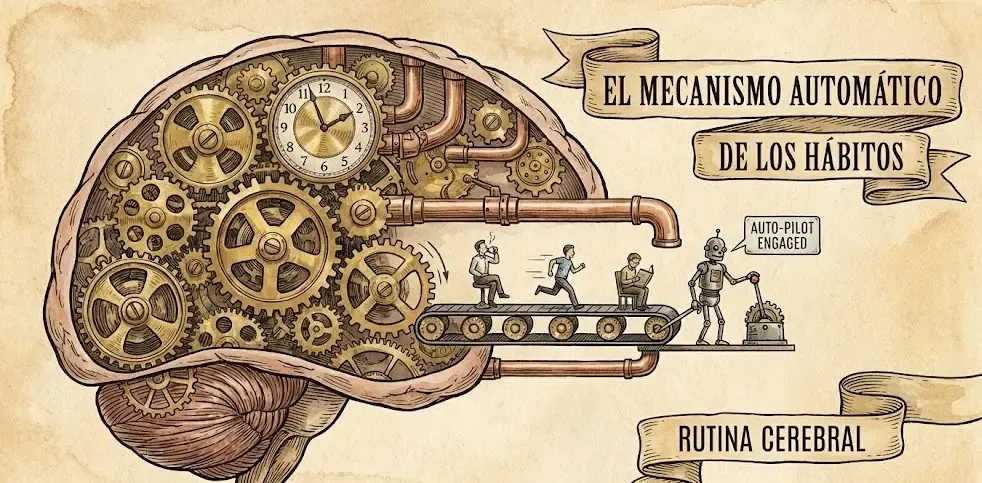 Ilustración conceptual de un cerebro con engranajes, representando el mecanismo automático de los hábitos