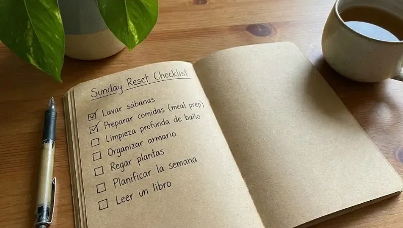 Lista de tareas de Sunday Reset en una libreta con casillas para marcar