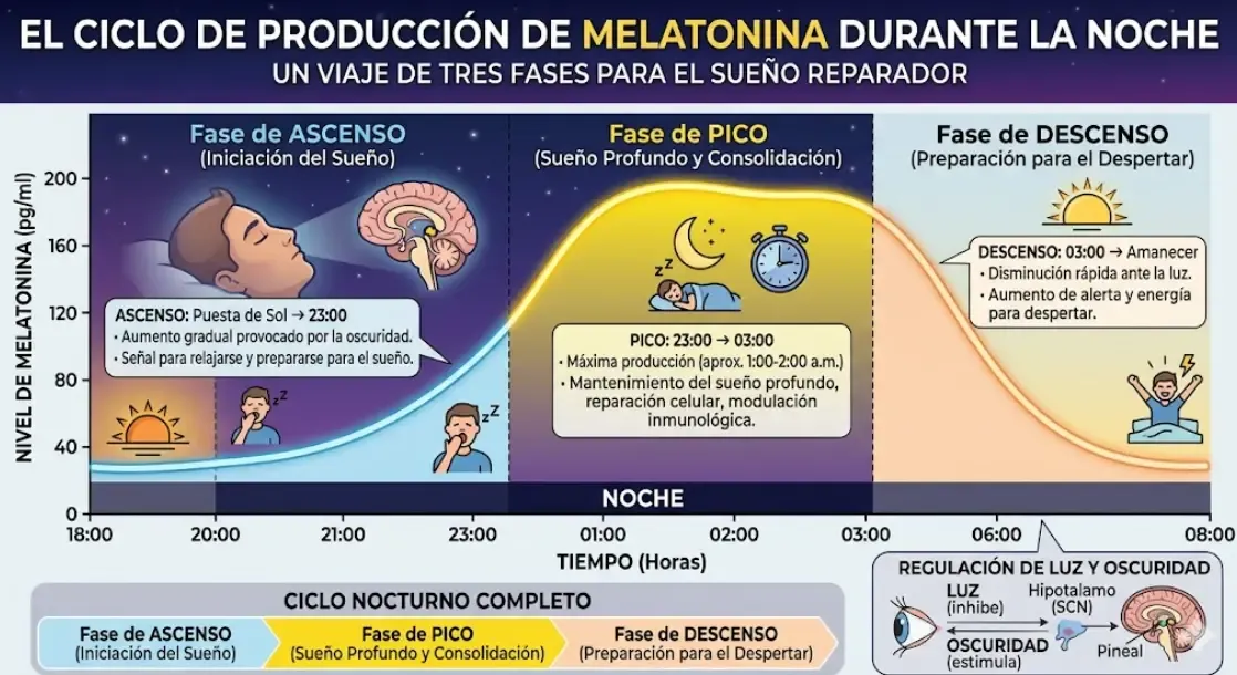 Ciclo de producción de melatonina durante la noche: ascenso, pico y descenso