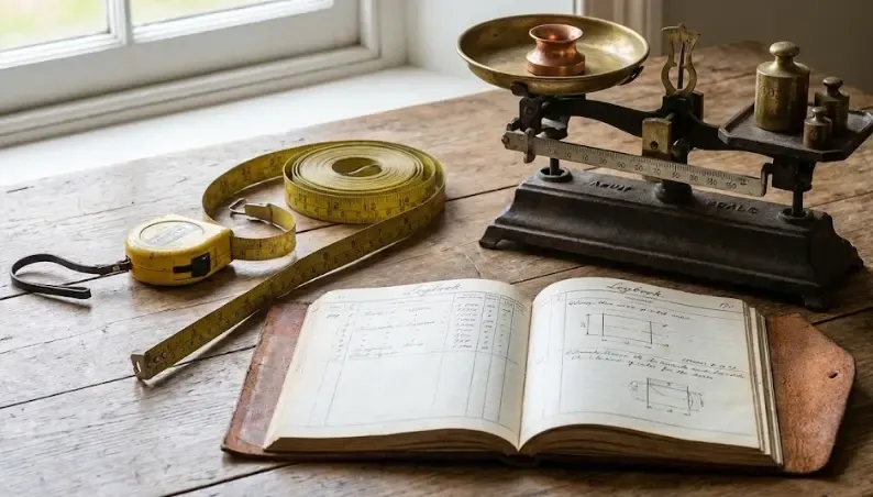 Bodegón con una cinta métrica amarilla, una libreta de registro y una báscula, simbolizando la medición precisa