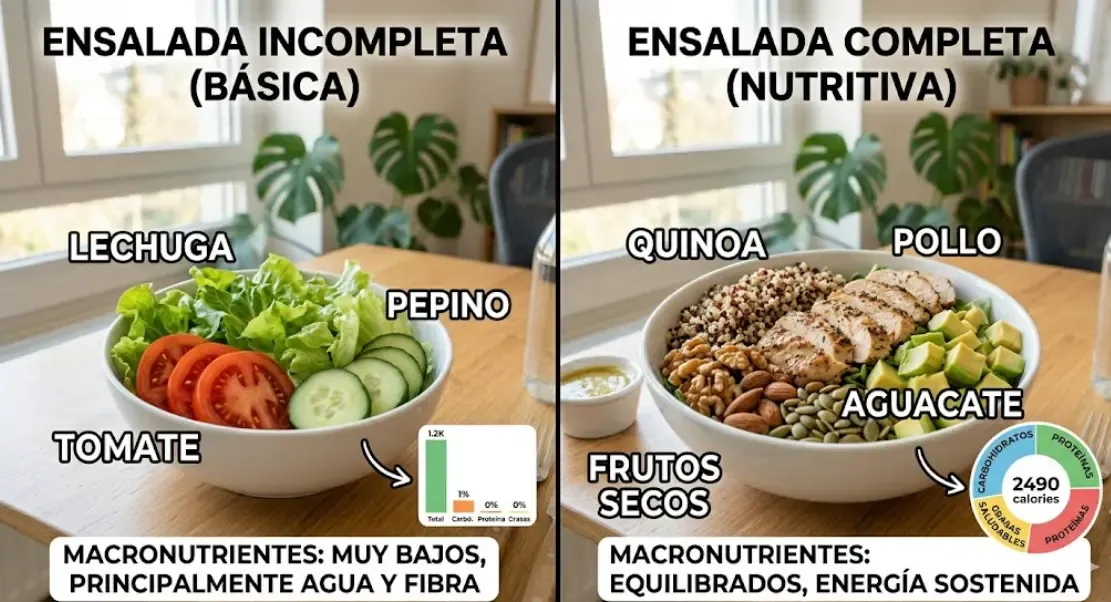 Comparativa visual ensalada incompleta (solo lechuga, tomate, pepino) vs ensalada completa con quinoa, pollo, aguacate y frutos secos
