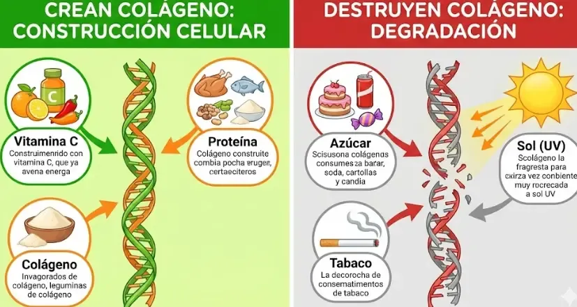 Infografía visual: Factores que crean colágeno (Vit C, Proteína) vs Factores que lo destruyen (Azúcar, Sol, Tabaco)