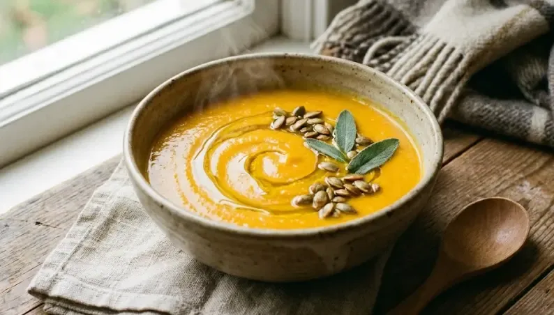 Bol de cerámica con una crema de calabaza naranja brillante, decorada con semillas de calabaza y un chorrito de aceite, transmitiendo calidez