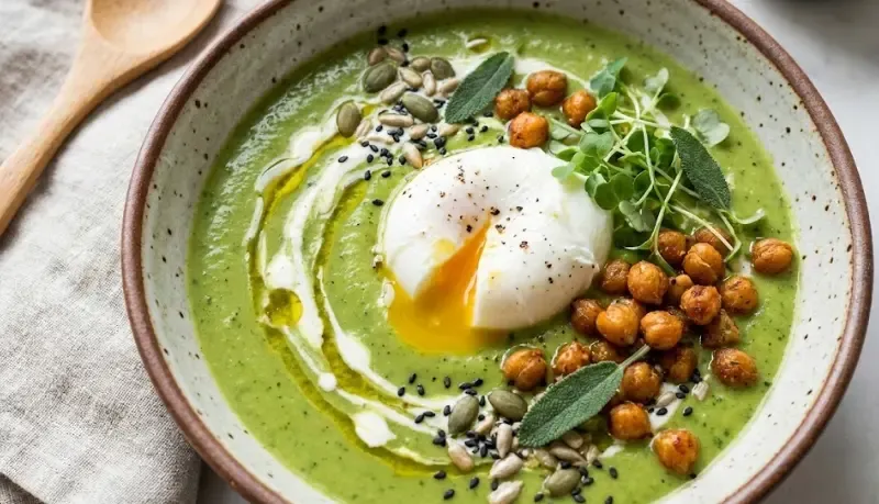 Primer plano de una crema verde con toppings: huevo poché, garbanzos crujientes y semillas