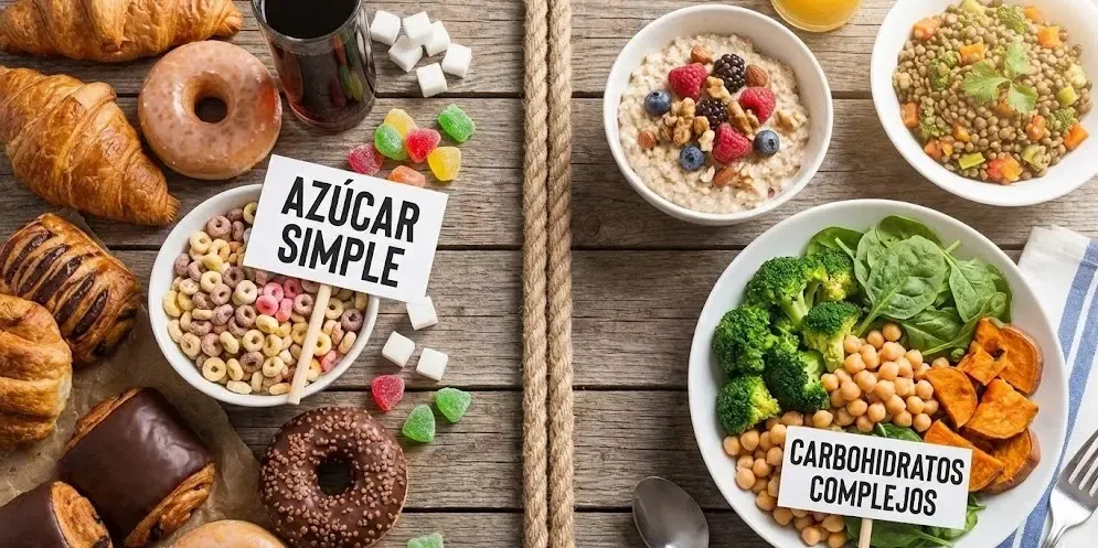 Mesa dividida en dos mitades: una con bollería y azúcar (simples) y otra con avena, legumbres y verduras (complejos)
