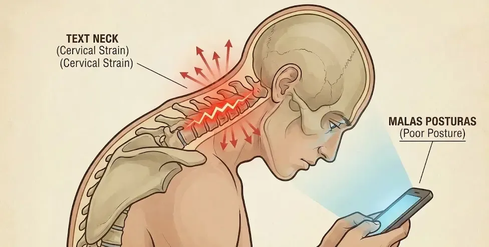 Ilustración de una persona con dolor cervical intenso (text neck) debido a la mala postura prolongada al usar el teléfono móvil