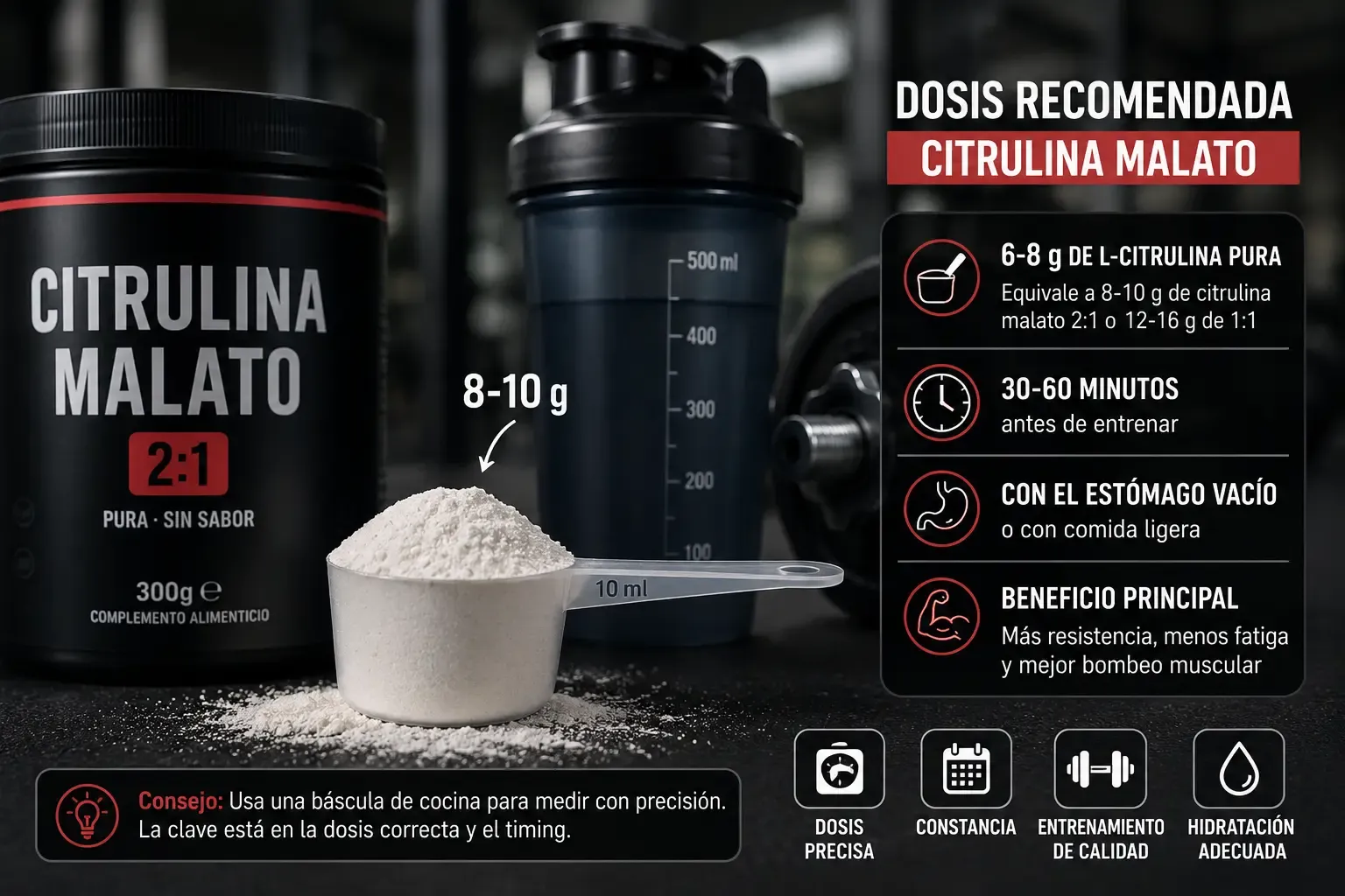 cuchara medidora con dosis de citrulina malato en polvo antes de un entrenamiento