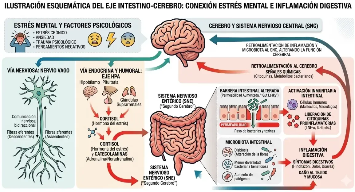Ilustración esquemática del eje intestino-cerebro, mostrando la conexión entre el estrés mental y la inflamación digestiva