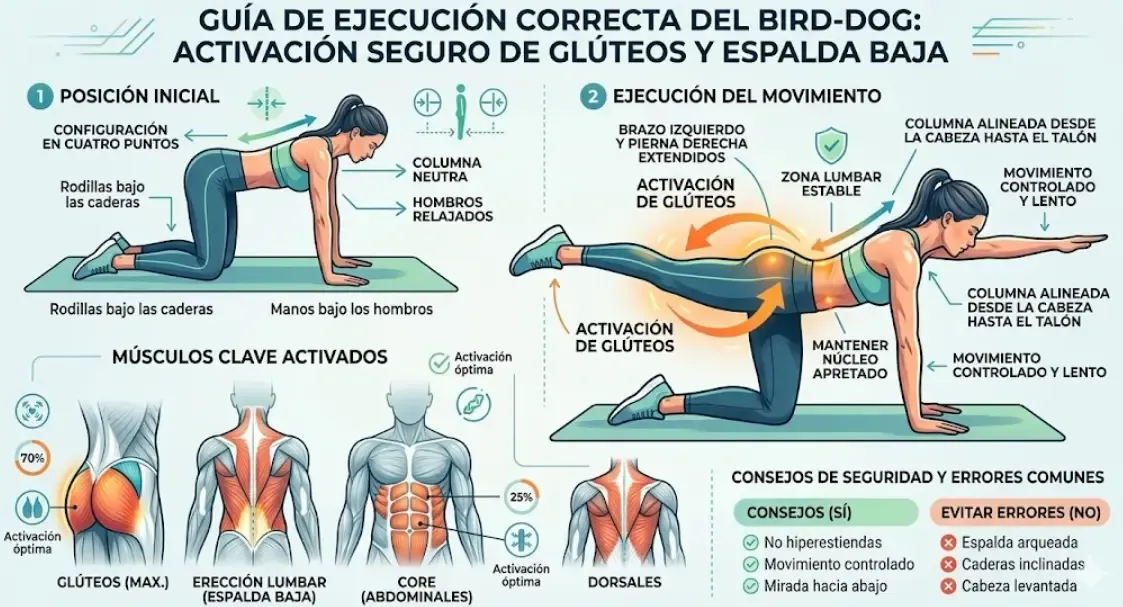 Infografía que muestra la ejecución correcta del ejercicio Bird-Dog, resaltando la activación de los glúteos y la espalda baja de forma segura