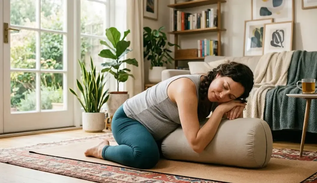 Mujer embarazada haciendo ejercicio suave de yoga prenatal en casa