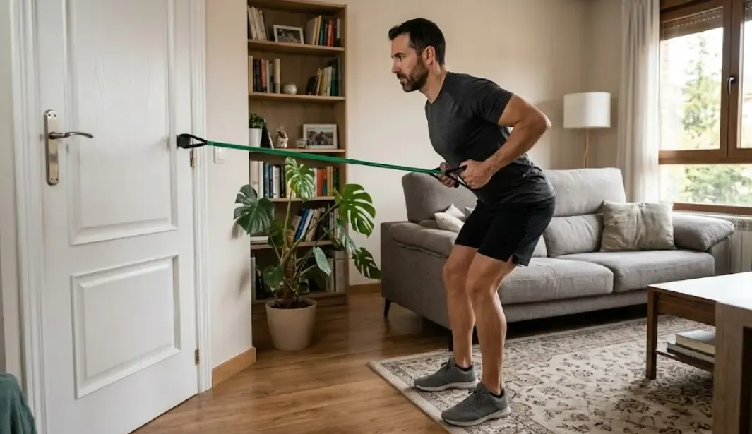 Hombre realizando un ejercicio de remo con banda elástica en el salón de su casa, demostrando una postura perfecta para fortalecer la espalda