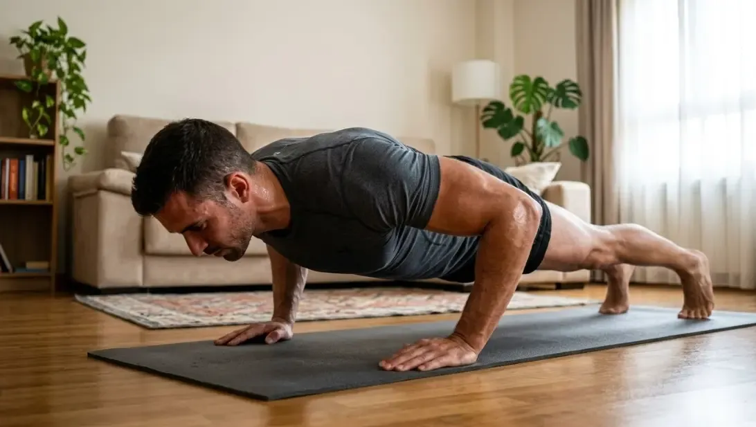 Hombre realizando una flexión perfecta en el salón de su casa, mostrando la tensión en sus músculos pectorales y una postura alineada