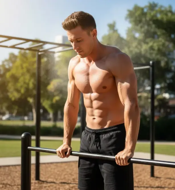 Persona concentrada antes de un ejercicio de calistenia, representando el enfoque mental y la preparación psicológica