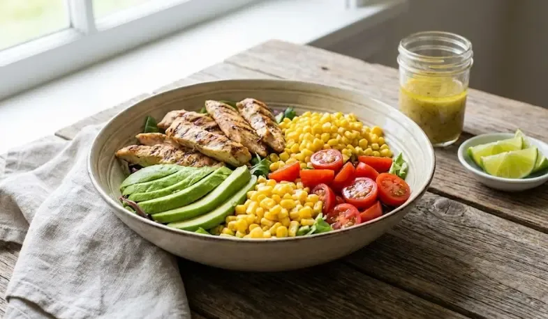 Bol grande con una ensalada colorida de pollo, aguacate, maíz y tomate cherry sobre una mesa de madera