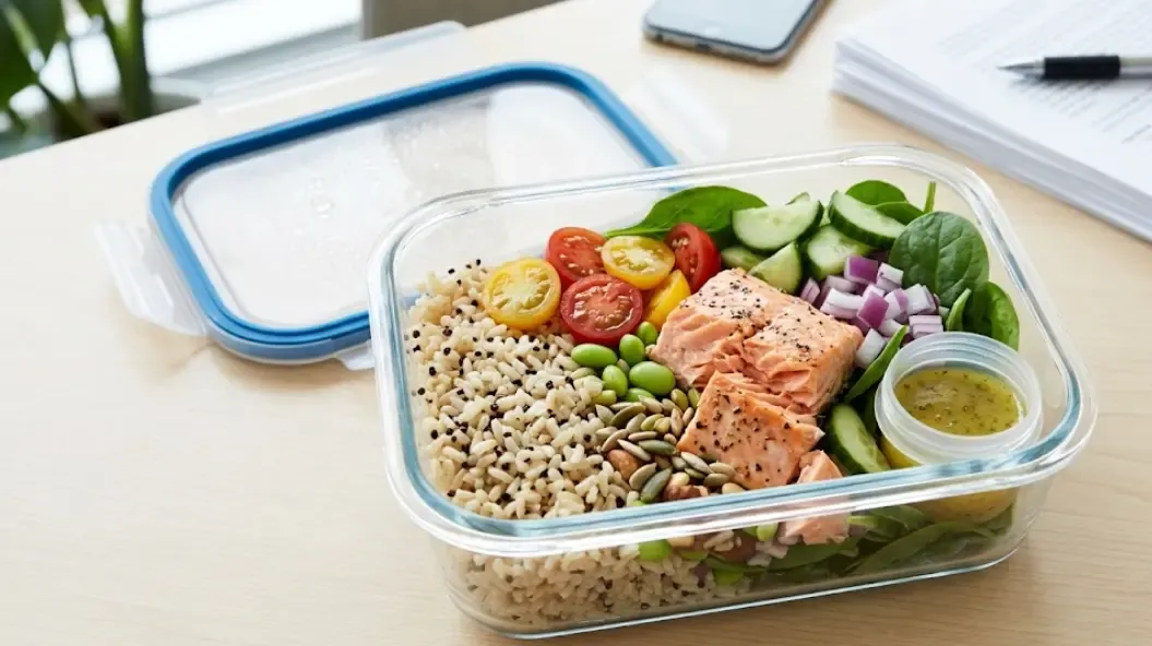 Ensalada completa para tupper de trabajo con salmón y arroz integral, recipiente hermético recién abierto mostrando ingredientes frescos