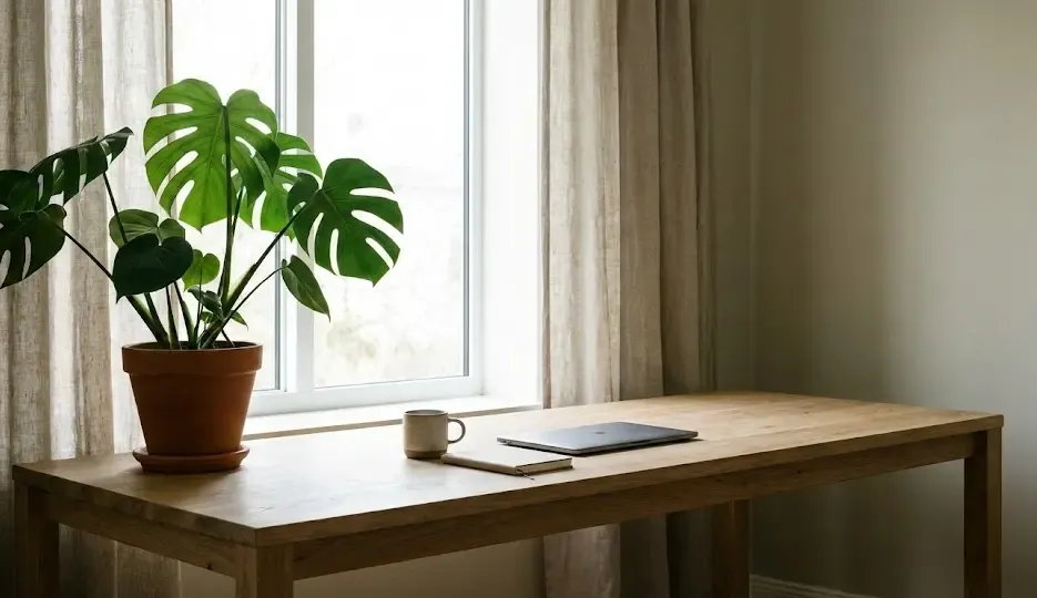 Escritorio de madera minimalista, ordenado, con luz natural entrando por la ventana y una planta verde, transmitiendo calma y foco