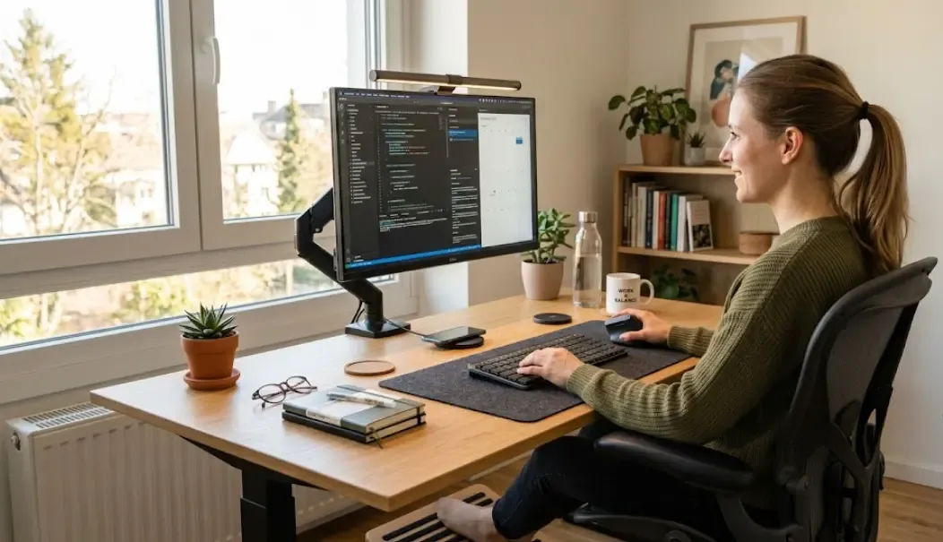 Escritorio organizado y ergonómico con buena iluminación