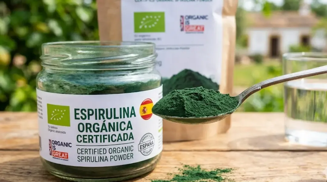 Espirulina en polvo orgánica certificada en cucharadita