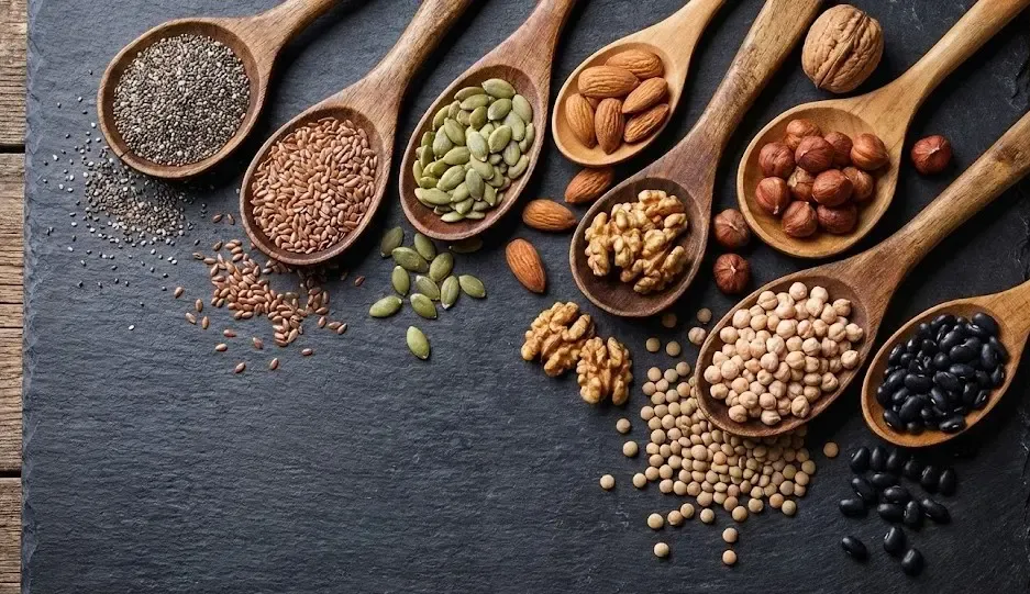 Cucharas de madera llenas de diferentes semillas, nueces y legumbres ricas en minerales sobre fondo oscuro