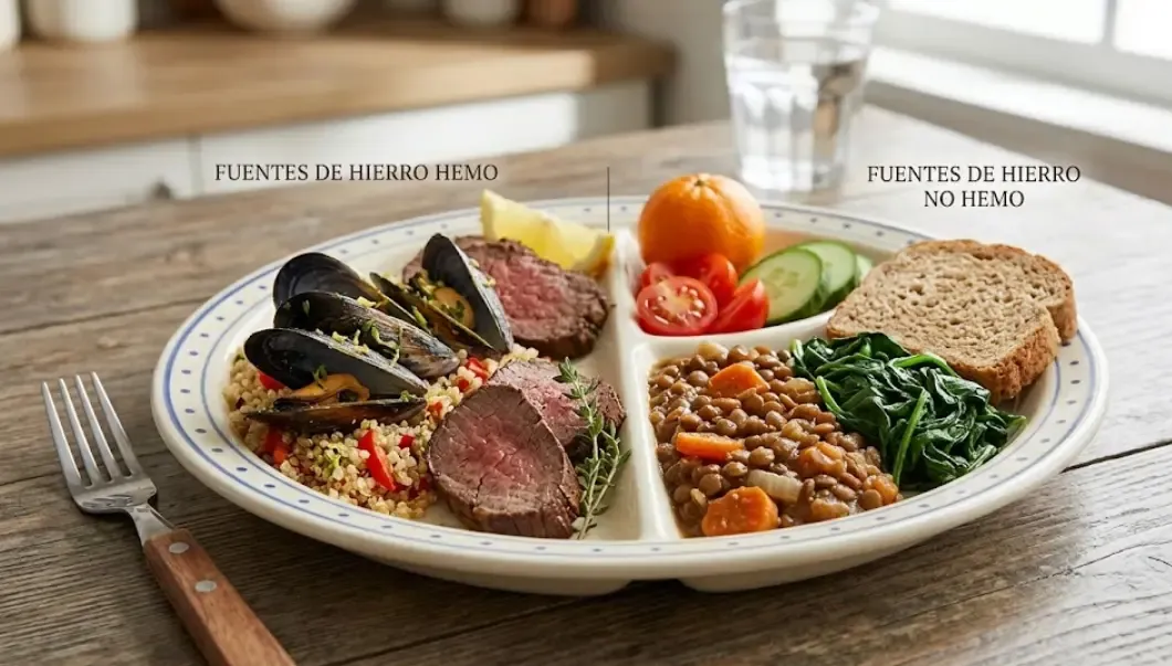 Plato nutritivo dividido en secciones mostrando fuentes de hierro hemo como mejillones y carne, y fuentes no hemo como lentejas y espinacas