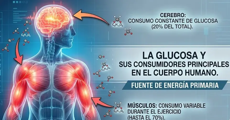 Infografía del cuerpo humano destacando cerebro y músculos como principales consumidores de glucosa