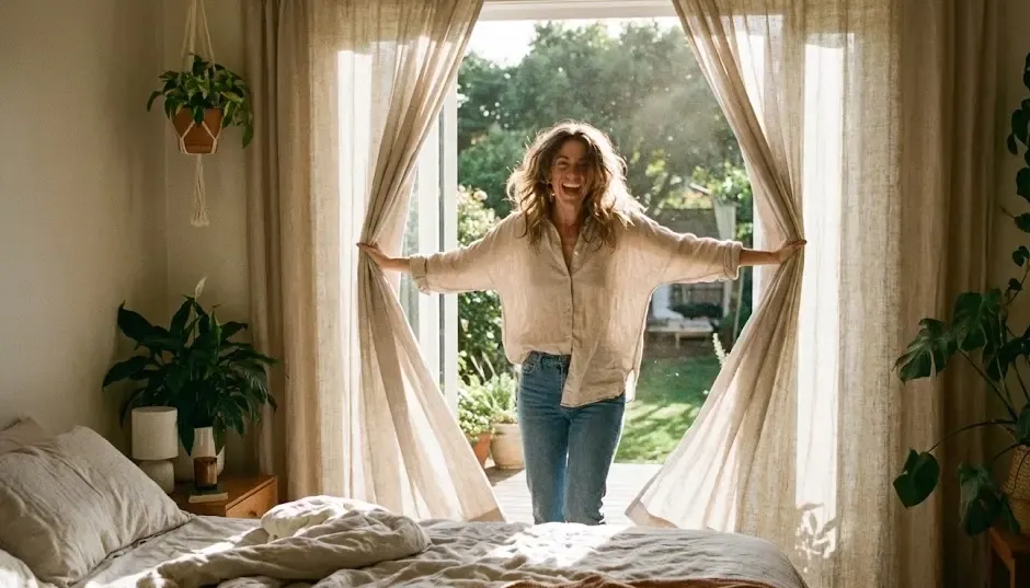 Una persona abriendo las cortinas por la mañana, dejando entrar la luz del sol con una actitud llena de energía