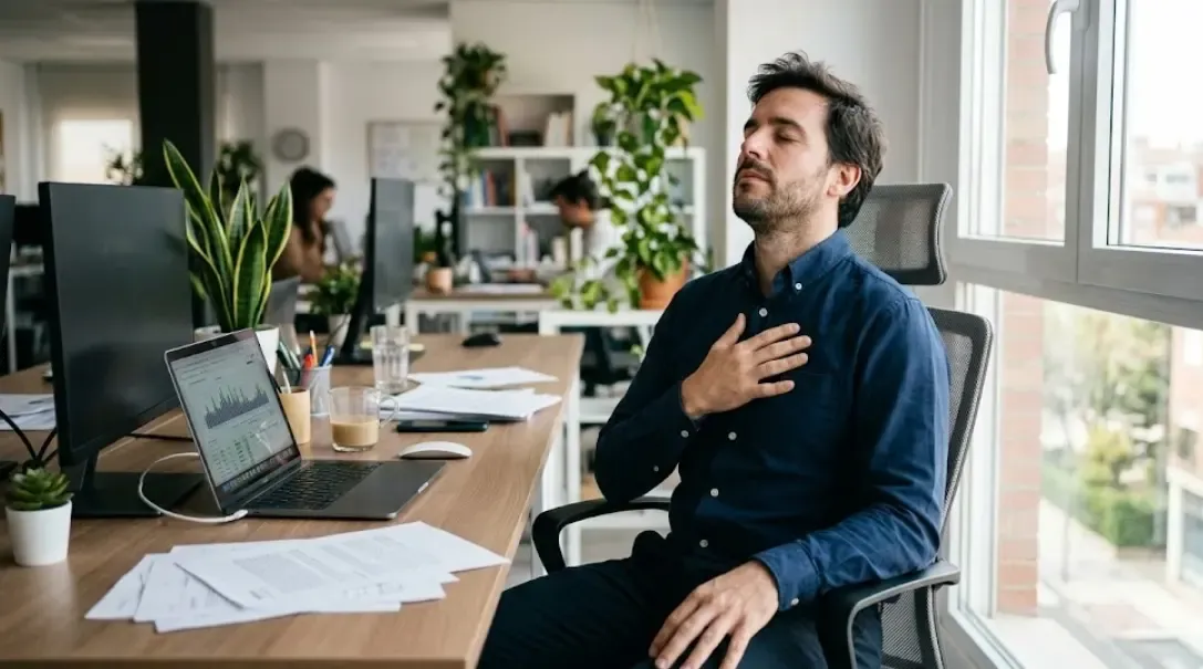 Hombre respirando profundamente con los ojos cerrados en su oficina, practicando la calma tras un momento de alta frustración