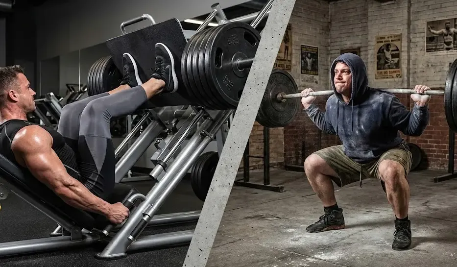 Composición dividida: a la izquierda una persona usando una máquina de prensa de piernas, a la derecha otra haciendo sentadilla con barra, contrastando ambos estilos
