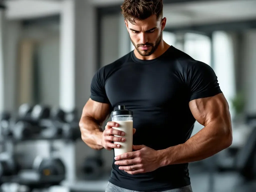 Persona en el gimnasio tomando glutamina en shaker para mejorar la recuperación muscular."