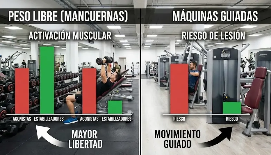 Gráfico de barras comparando la activación muscular y el riesgo de lesión entre peso libre y máquinas