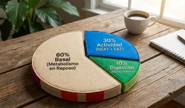 Gráfico circular mostrando la distribución del gasto energético: 60% Basal, 10% Digestión, 30% Actividad (NEAT + EAT)