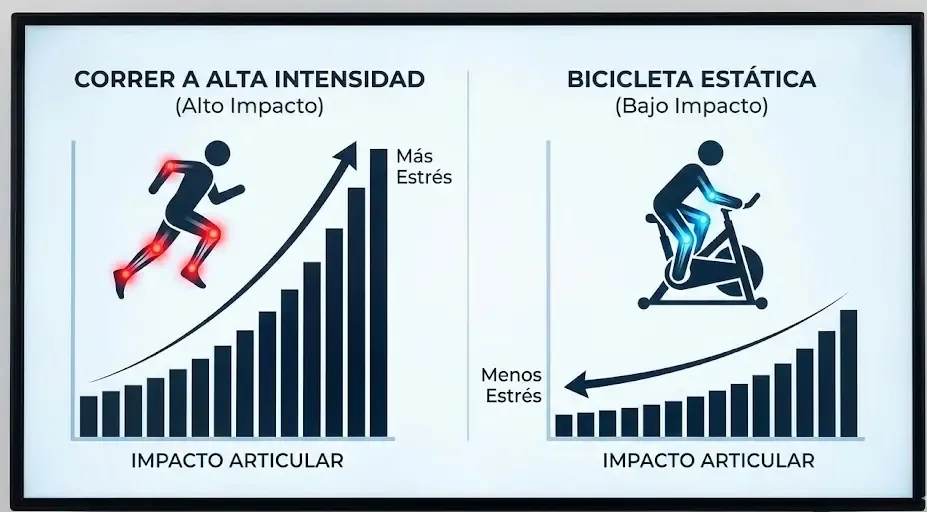 Gráfico visual mostrando la diferencia de impacto articular entre correr a alta intensidad y hacer bicicleta estática