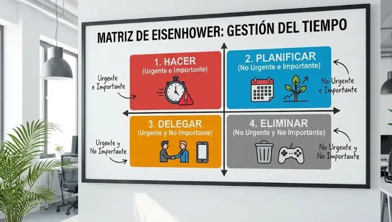 Gráfico visual de la Matriz de Eisenhower explicando los 4 cuadrantes con iconos representativos