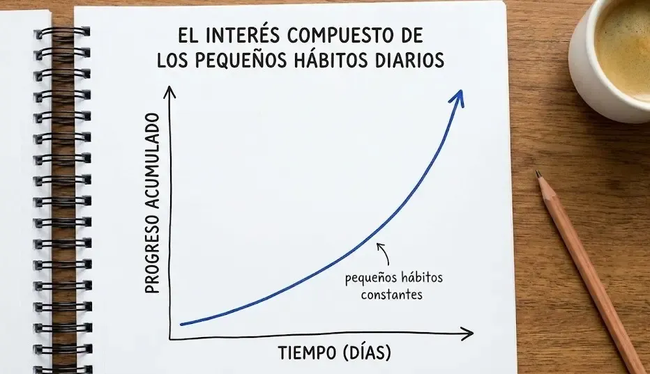 Gráfico de línea ascendente mostrando el interés compuesto de los pequeños hábitos diarios