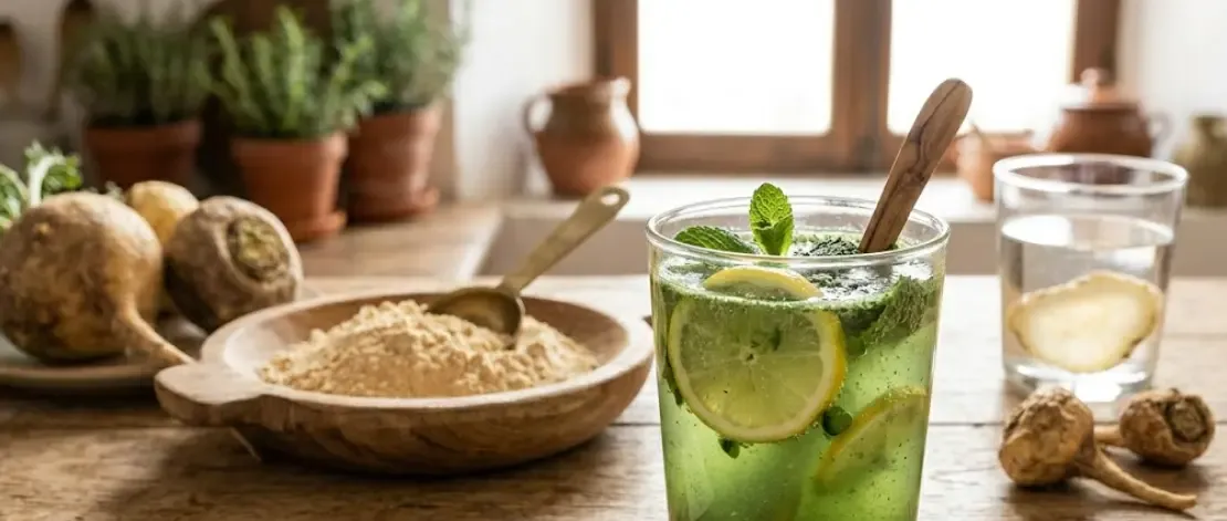 Greens en polvo mezcla de espirulina chlorella y vegetales en vaso de agua con limón