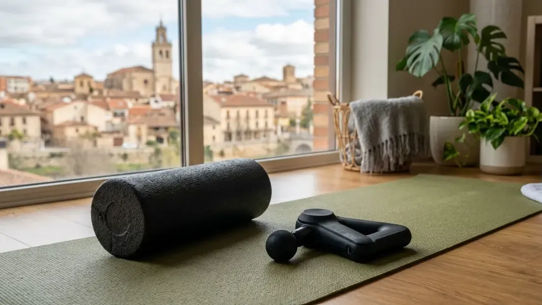 Un Foam Roller y una pistola de masaje muscular sobre una esterilla de yoga, listos para una sesión de recuperación y liberación miofascial