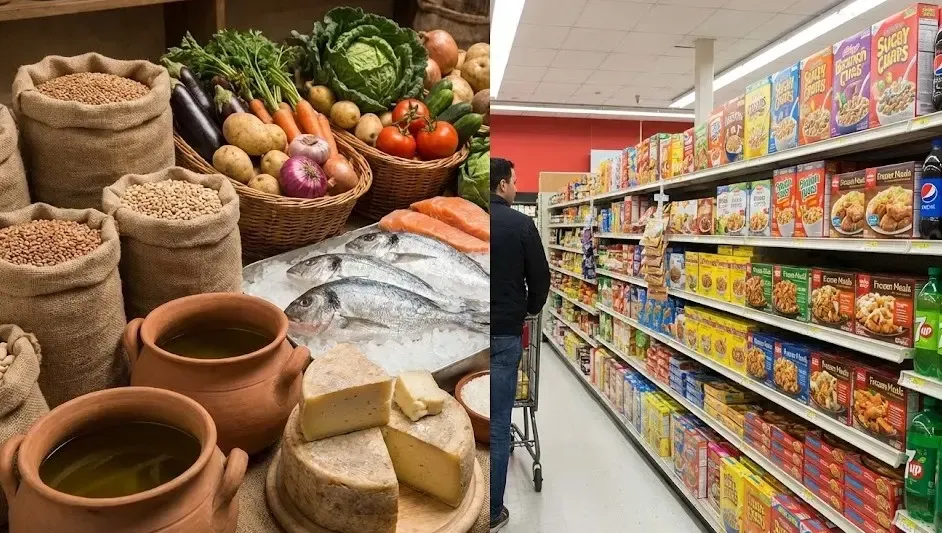 Comparativa visual entre alimentos naturales antiguos y productos ultraprocesados modernos en un supermercado