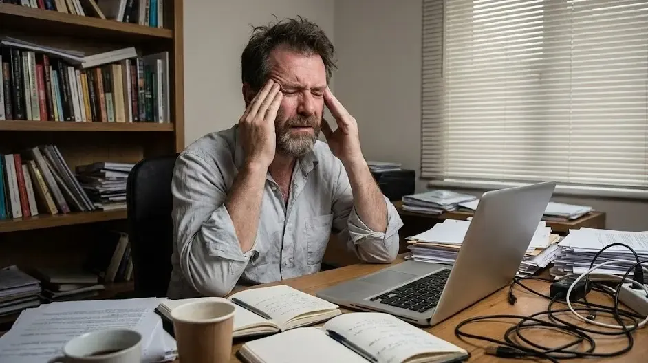 Hombre con expresión de estrés y fatiga tocándose las sienes en una oficina o casa desordenada
